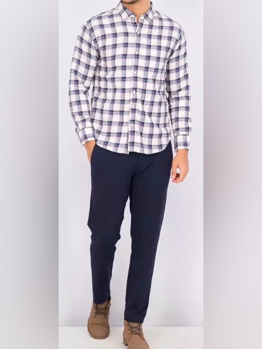 Bonobos White, Light Blue & Navy Plaid Slim Fit Shirt